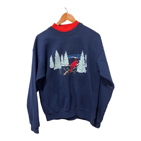 VTG 90's Pleasant Shade Cardinal Winter Snow Trees Blue Sweater Crewneck Large - Picture 1 of 8